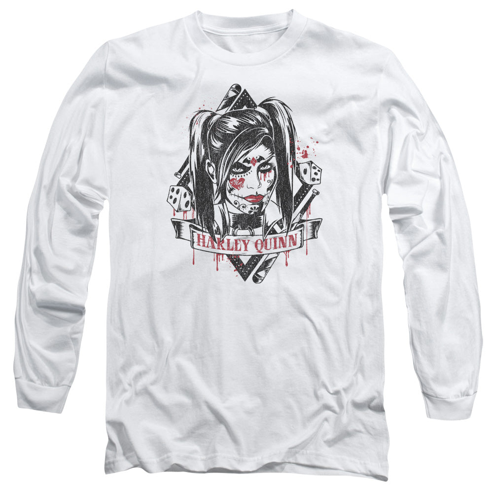 AN OFFCIALLY LICENSED BATMAN ARKHAM KNIGHT SUGAR QUINN MEN'S LONG SLEEVE T-SHIRT WHITE