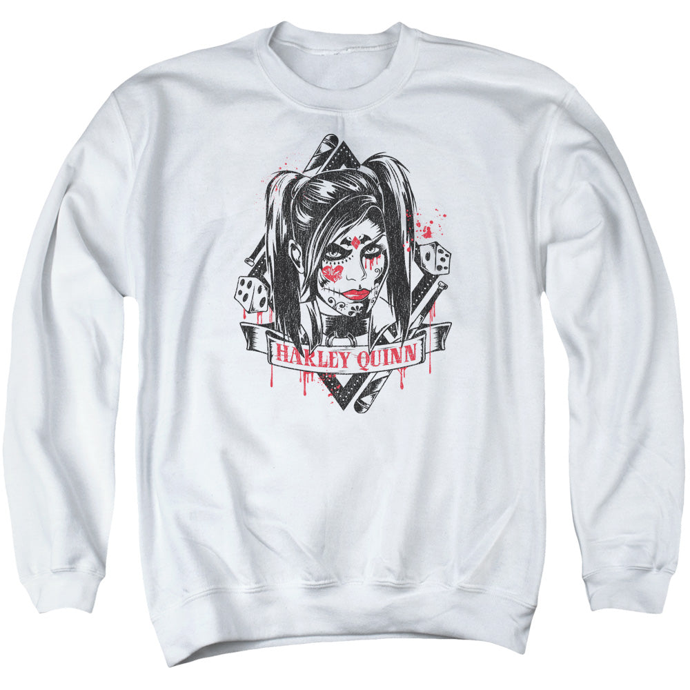 AN OFFCIALLY LICENSED BATMAN ARKHAM KNIGHT SUGAR QUINN ADULT UNISEX CREWNECK SWEATSHIRT WHITE