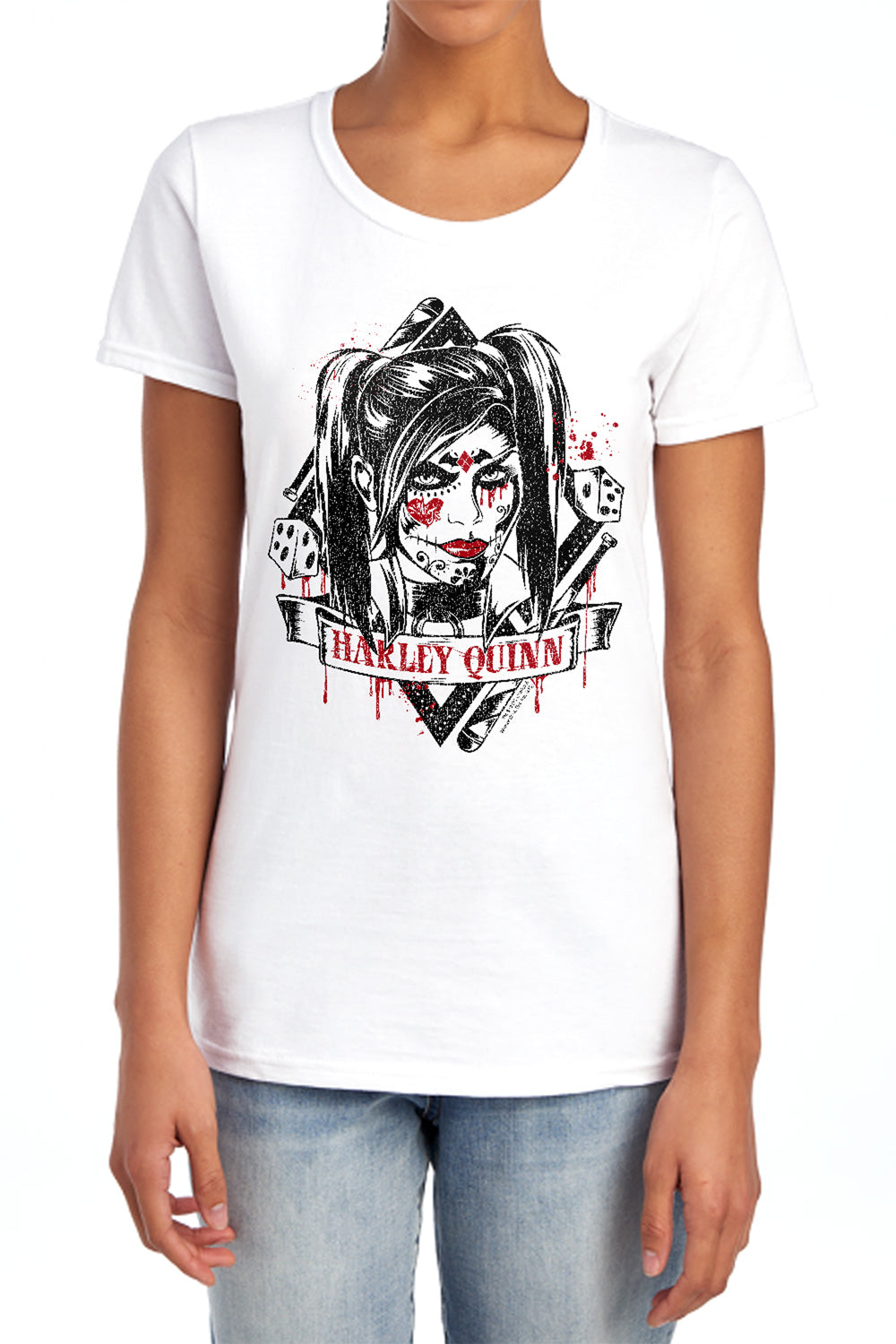 AN OFFCIALLY LICENSED BATMAN ARKHAM KNIGHT SUGAR QUINN WOMEN'S REGULAR FIT T-SHIRT WHITE