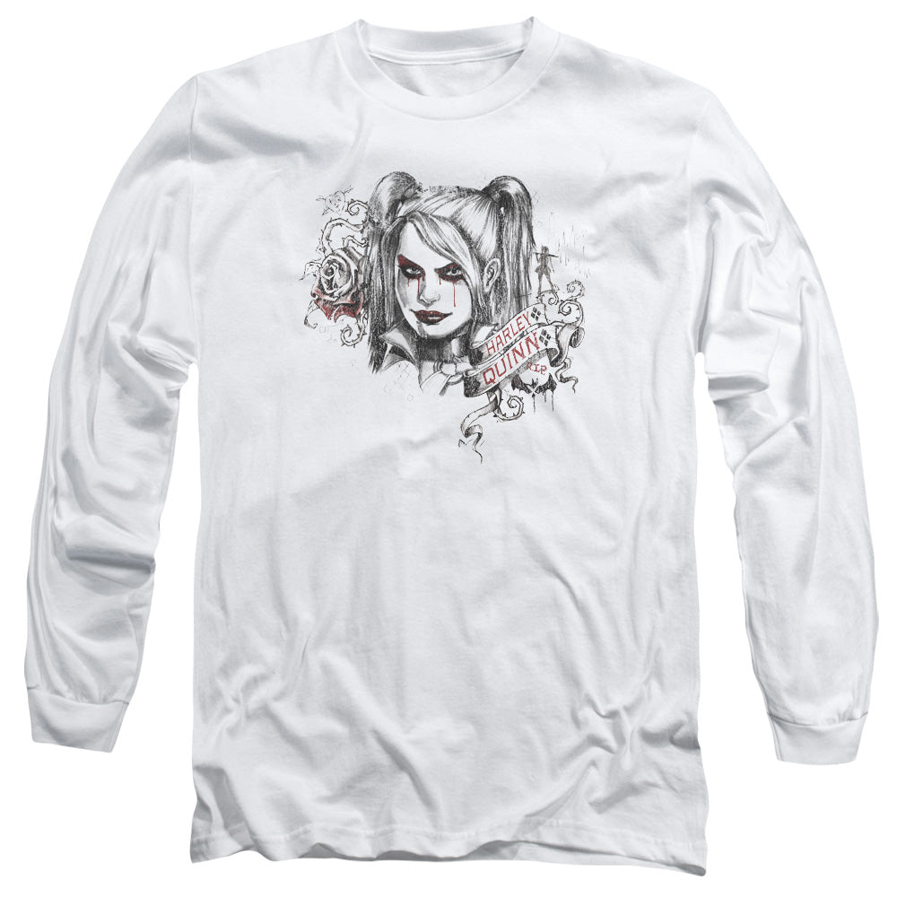 AN OFFCIALLY LICENSED BATMAN ARKHAM KNIGHT SKETCHY GIRL MEN'S LONG SLEEVE T-SHIRT WHITE