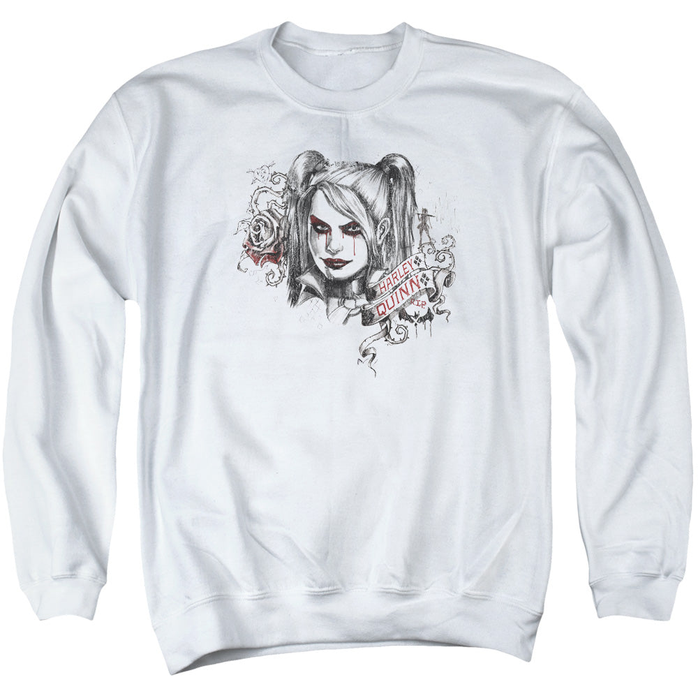 AN OFFCIALLY LICENSED BATMAN ARKHAM KNIGHT SKETCHY GIRL ADULT UNISEX CREWNECK SWEATSHIRT WHITE