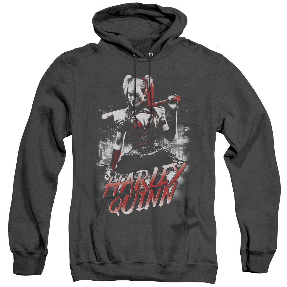 AN OFFCIALLY LICENSED BATMAN ARKHAM KNIGHT QUINN CITY ADULT UNISEX HEATHER PULLOVER HOODIE BLACK