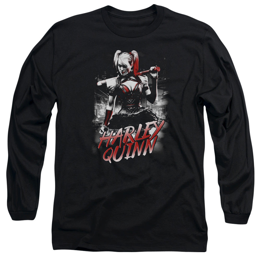 AN OFFCIALLY LICENSED BATMAN ARKHAM KNIGHT QUINN CITY MEN'S LONG SLEEVE T-SHIRT BLACK
