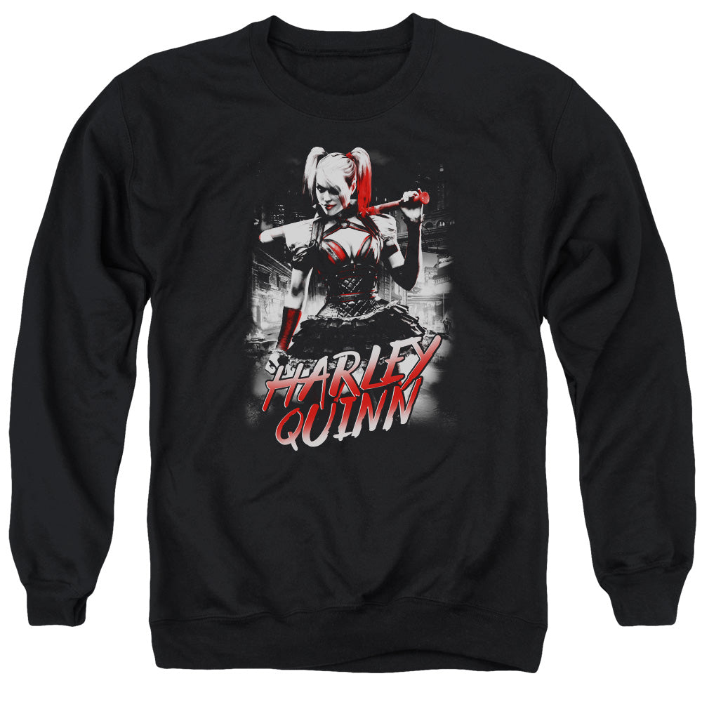 AN OFFCIALLY LICENSED BATMAN ARKHAM KNIGHT QUINN CITY ADULT UNISEX CREWNECK SWEATSHIRT BLACK