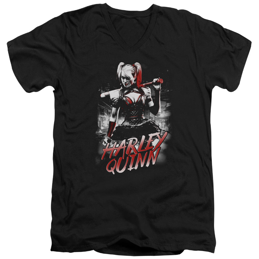 AN OFFCIALLY LICENSED BATMAN ARKHAM KNIGHT QUINN CITY MEN'S V-NECK T-SHIRT BLACK