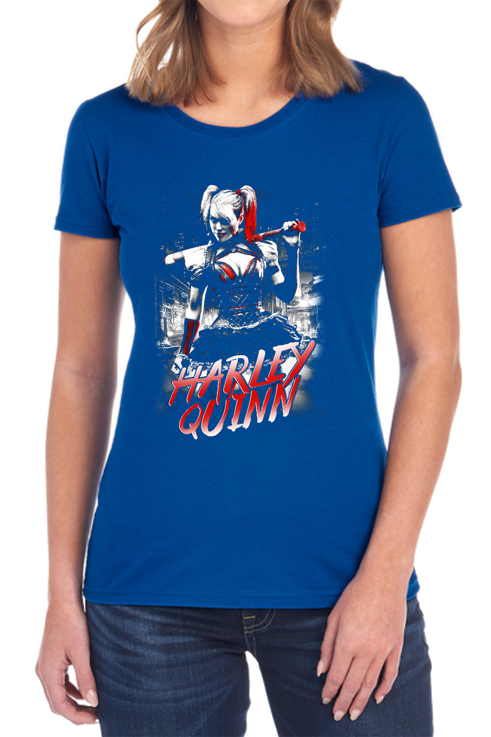 AN OFFCIALLY LICENSED BATMAN ARKHAM KNIGHT QUINN CITY WOMEN'S REGULAR FIT T-SHIRT BLACK
