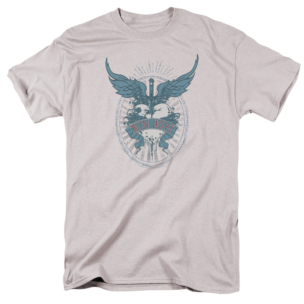 AN OFFCIALLY LICENSED BON JOVI WINGED HEART MEN'S REGULAR FIT T-SHIRT SILVER