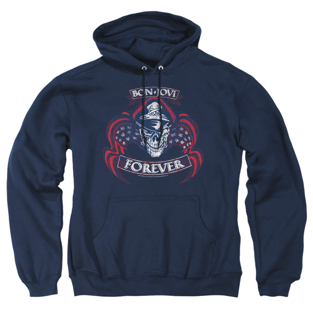 AN OFFCIALLY LICENSED BON JOVI FOREVER SKULL ADULT UNISEX PULLOVER HOODIE NAVY
