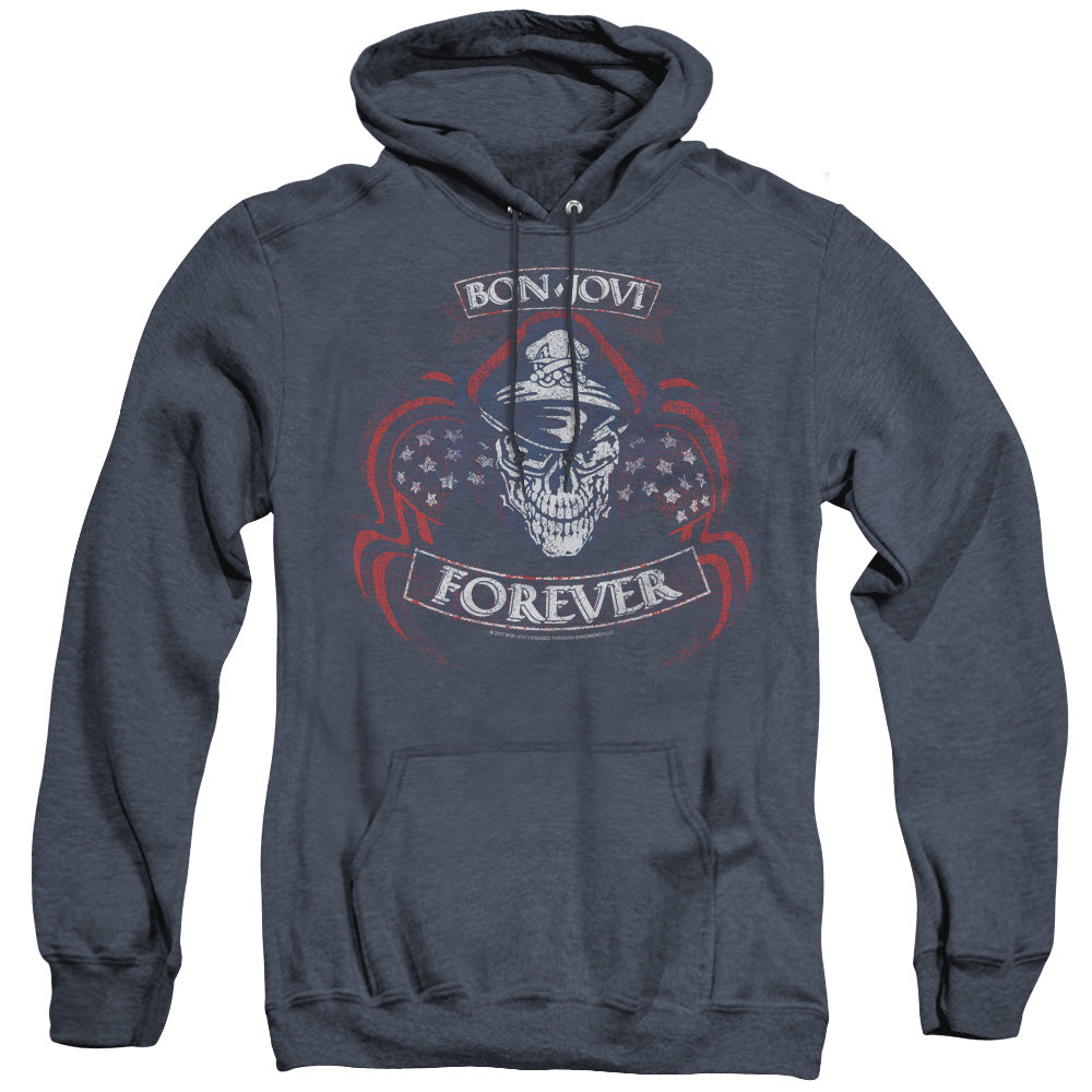 AN OFFCIALLY LICENSED BON JOVI FOREVER SKULL ADULT UNISEX HEATHER PULLOVER HOODIE NAVY