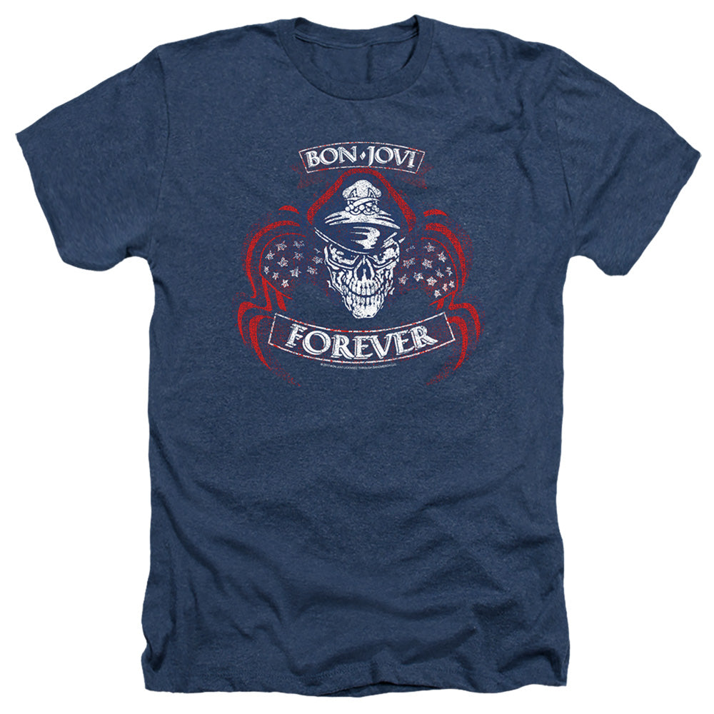 AN OFFCIALLY LICENSED BON JOVI FOREVER SKULL MEN'S HEATHER T-SHIRT NAVY