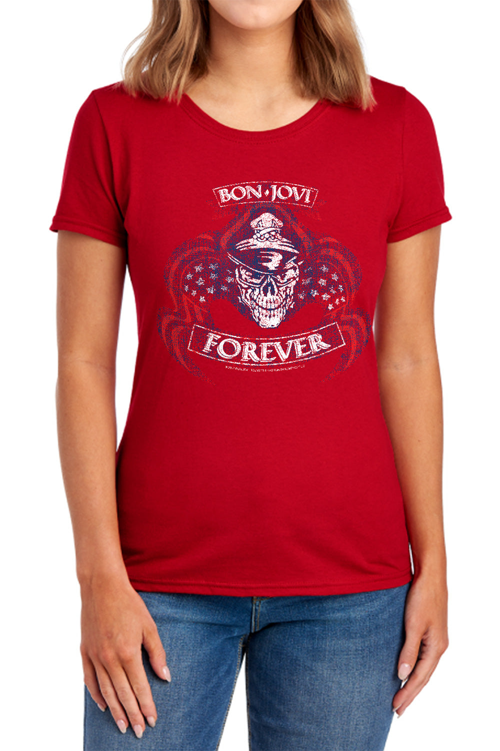 AN OFFCIALLY LICENSED BON JOVI FOREVER SKULL WOMEN'S REGULAR FIT T-SHIRT NAVY