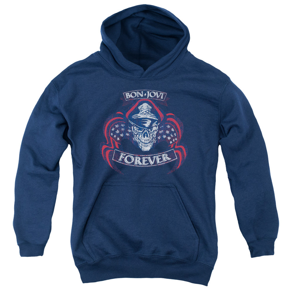 AN OFFCIALLY LICENSED BON JOVI FOREVER SKULL YOUTH HOODIE NAVY