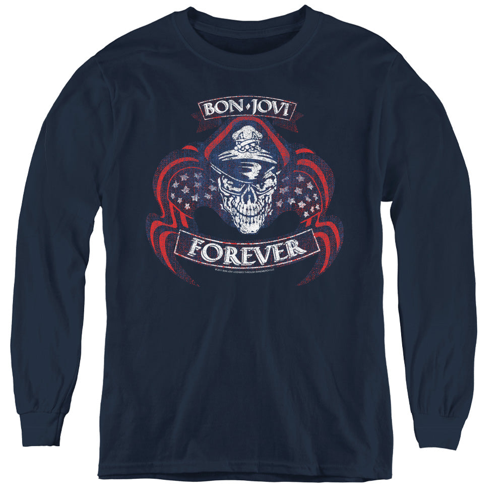 AN OFFCIALLY LICENSED BON JOVI FOREVER SKULL YOUTH LONG SLEEVE T-SHIRT NAVY