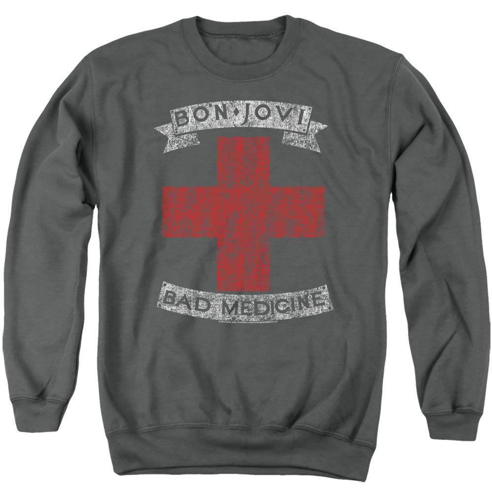 AN OFFCIALLY LICENSED BON JOVI BAD MEDICINE ADULT UNISEX CREWNECK SWEATSHIRT CHARCOAL