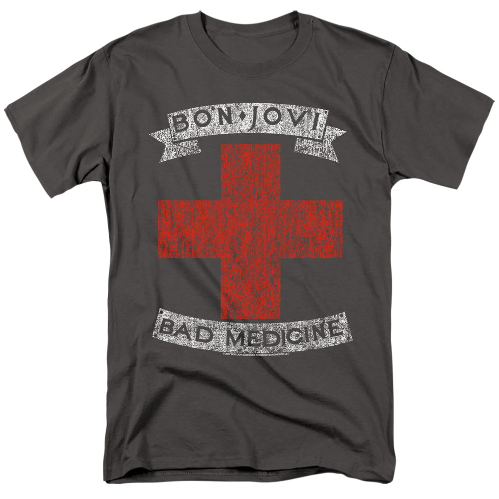AN OFFCIALLY LICENSED BON JOVI BAD MEDICINE MEN'S REGULAR FIT T-SHIRT CHARCOAL