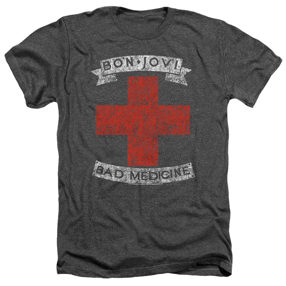 AN OFFCIALLY LICENSED BON JOVI BAD MEDICINE MEN'S HEATHER T-SHIRT CHARCOAL