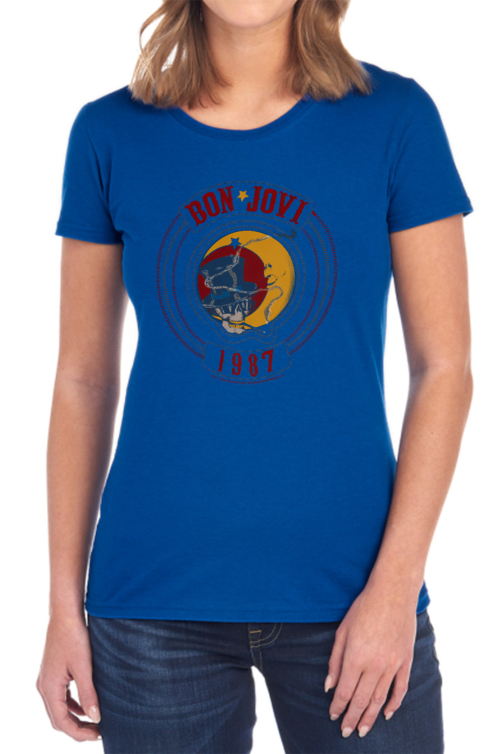 AN OFFCIALLY LICENSED BON JOVI 1987 WOMEN'S REGULAR FIT T-SHIRT BLACK