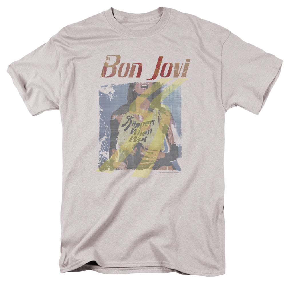 AN OFFCIALLY LICENSED BON JOVI SLIPPERY WHEN WET GIRL MEN'S REGULAR FIT T-SHIRT SILVER