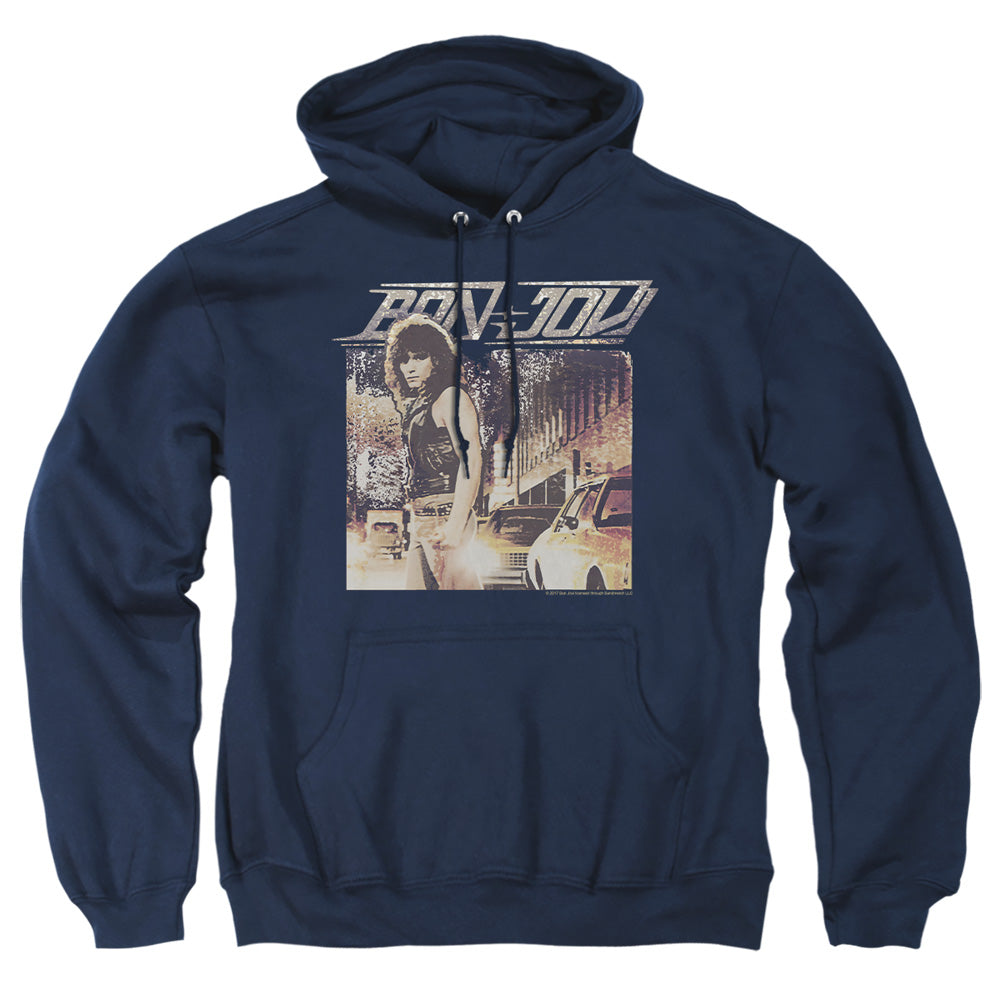 AN OFFCIALLY LICENSED BON JOVI RUNAWAY JON ADULT UNISEX PULLOVER HOODIE NAVY