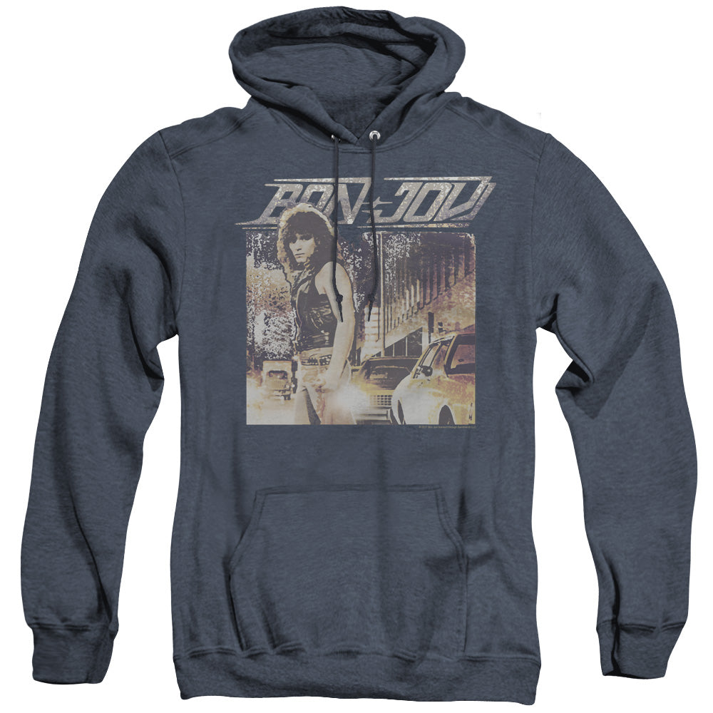 AN OFFCIALLY LICENSED BON JOVI RUNAWAY JON ADULT UNISEX HEATHER PULLOVER HOODIE NAVY
