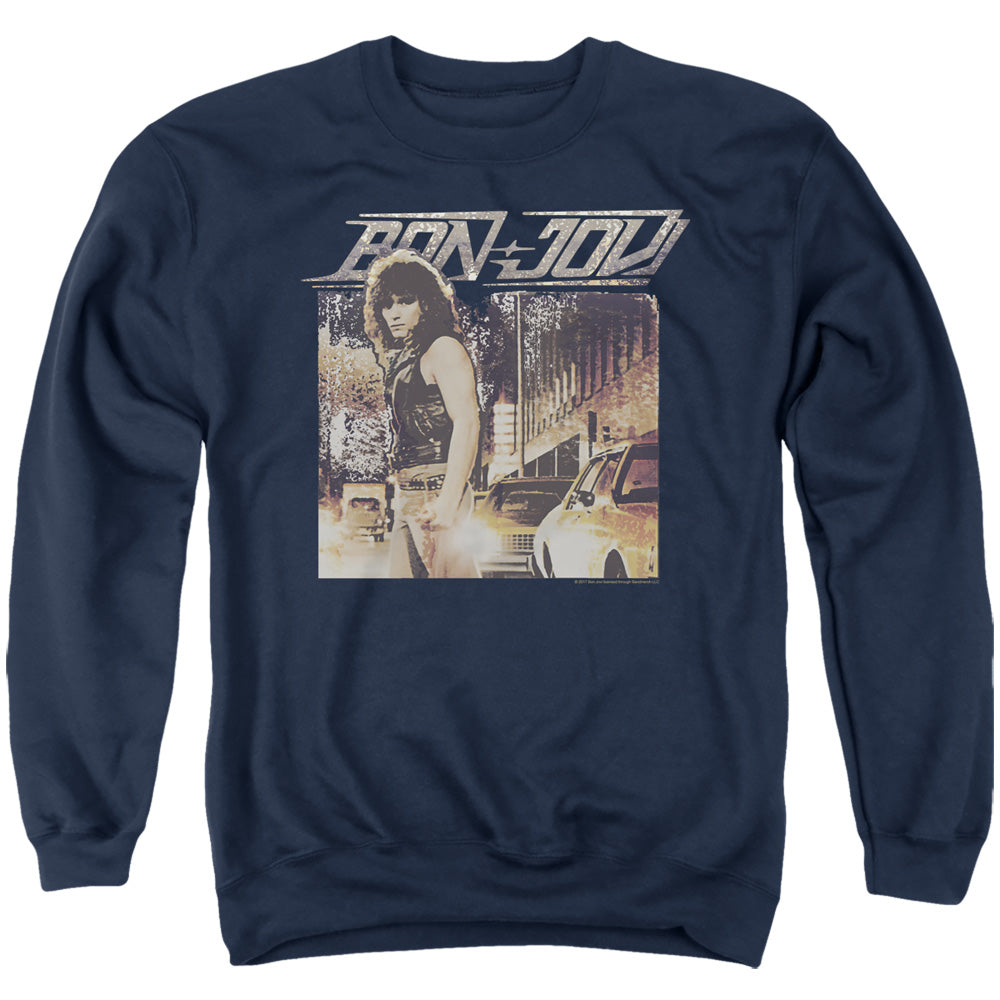 AN OFFCIALLY LICENSED BON JOVI RUNAWAY JON ADULT UNISEX CREWNECK SWEATSHIRT NAVY