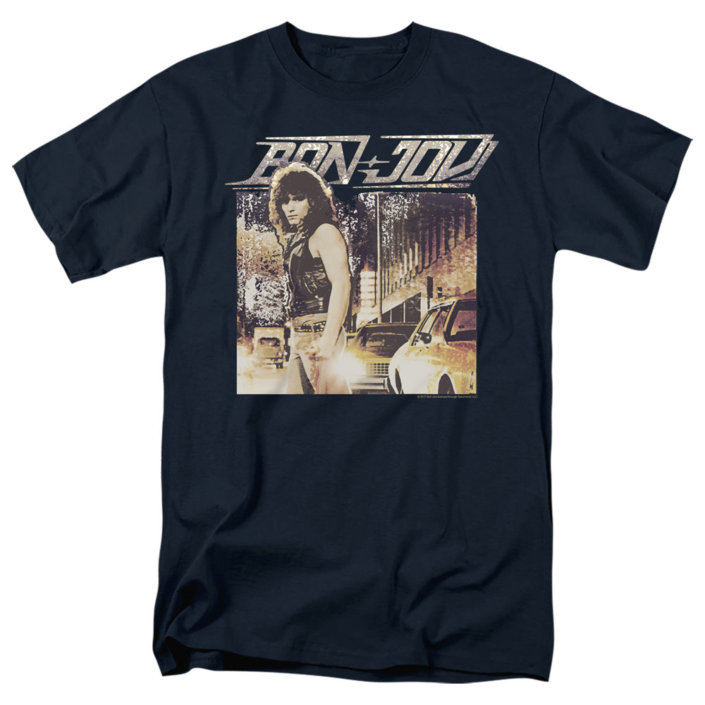 AN OFFCIALLY LICENSED BON JOVI RUNAWAY JON MEN'S REGULAR FIT T-SHIRT NAVY