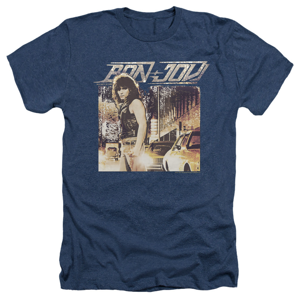 AN OFFCIALLY LICENSED BON JOVI RUNAWAY JON MEN'S HEATHER T-SHIRT NAVY