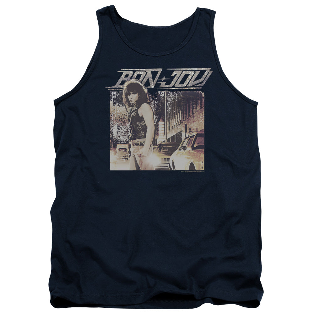 AN OFFCIALLY LICENSED BON JOVI RUNAWAY JON ADULT UNISEX TANK TOP NAVY