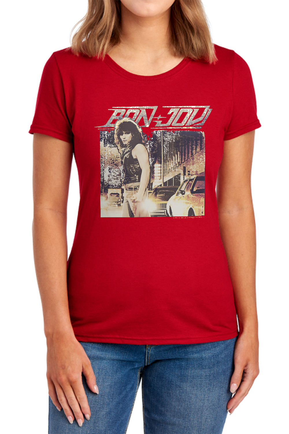 AN OFFCIALLY LICENSED BON JOVI RUNAWAY JON WOMEN'S REGULAR FIT T-SHIRT NAVY
