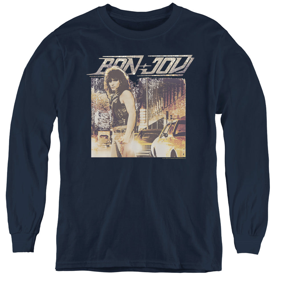 AN OFFCIALLY LICENSED BON JOVI RUNAWAY JON YOUTH LONG SLEEVE T-SHIRT NAVY