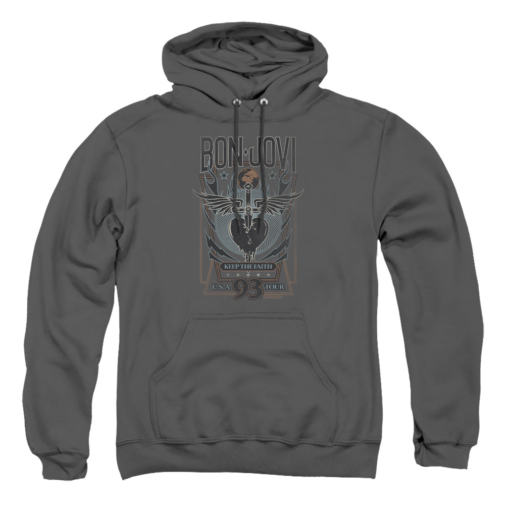 AN OFFCIALLY LICENSED BON JOVI KEEP THE FAITH ADULT UNISEX PULLOVER HOODIE CHARCOAL
