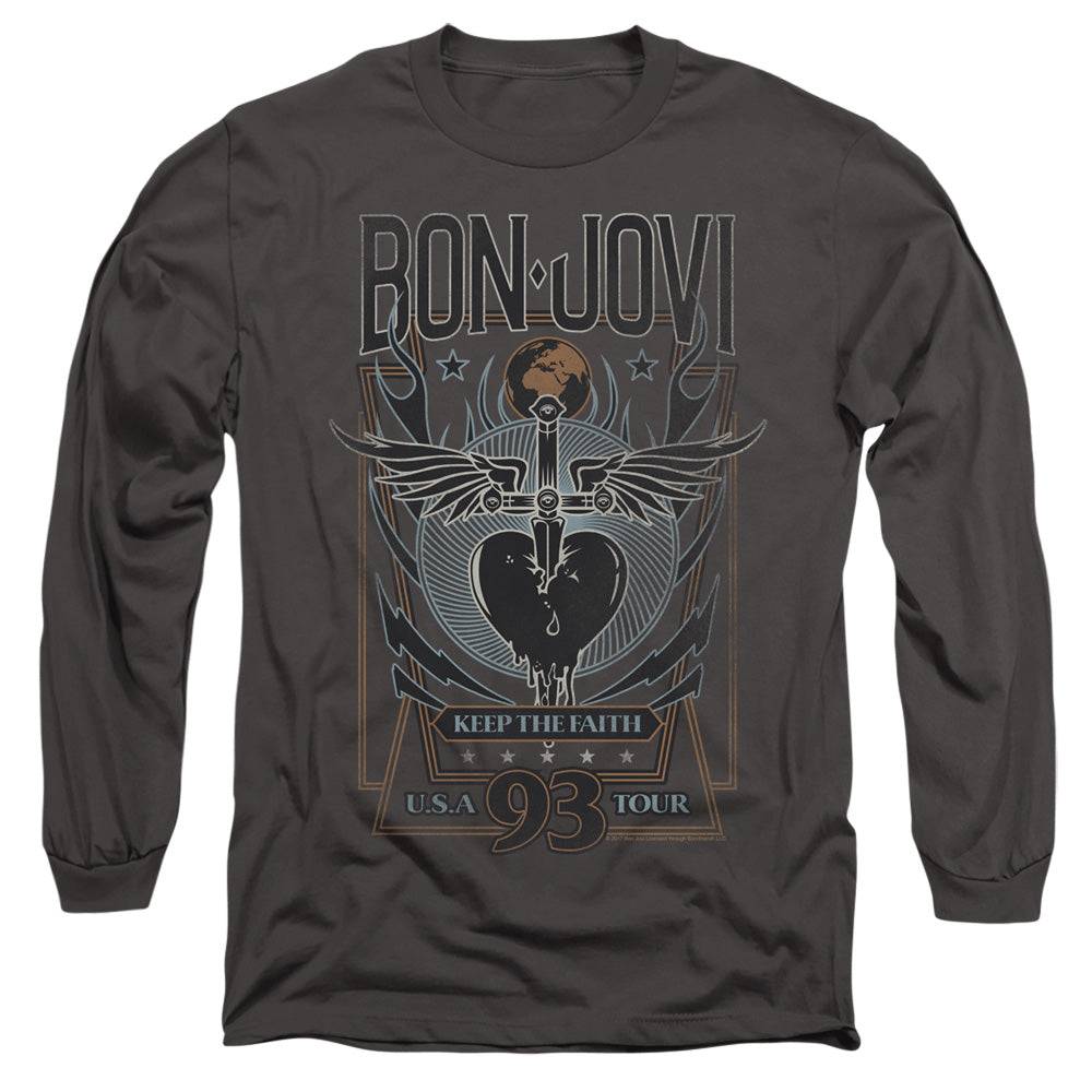 AN OFFCIALLY LICENSED BON JOVI KEEP THE FAITH MEN'S LONG SLEEVE T-SHIRT CHARCOAL