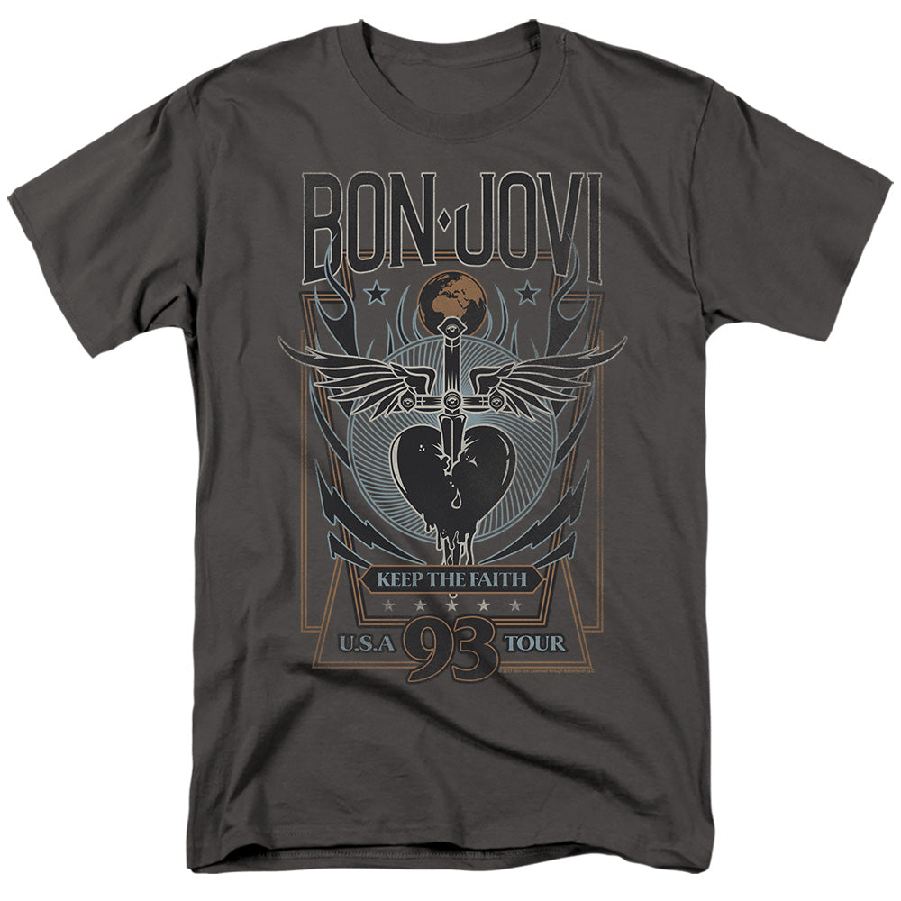 AN OFFCIALLY LICENSED BON JOVI KEEP THE FAITH MEN'S REGULAR FIT T-SHIRT CHARCOAL