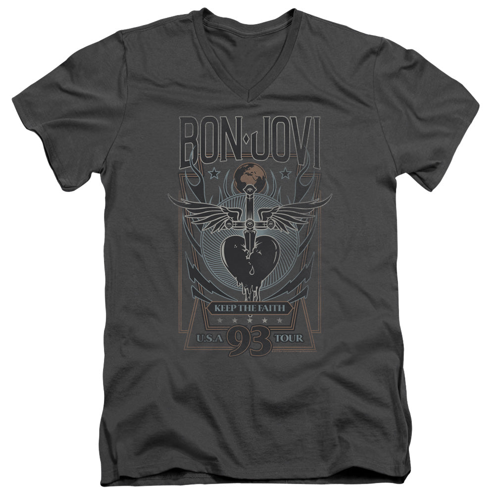 AN OFFCIALLY LICENSED BON JOVI KEEP THE FAITH MEN'S V-NECK T-SHIRT CHARCOAL