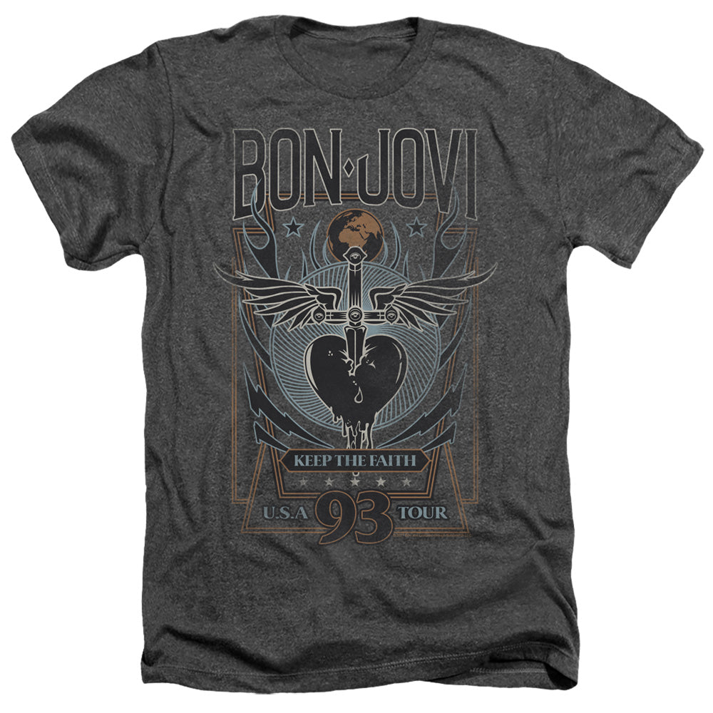 AN OFFCIALLY LICENSED BON JOVI KEEP THE FAITH MEN'S HEATHER T-SHIRT CHARCOAL