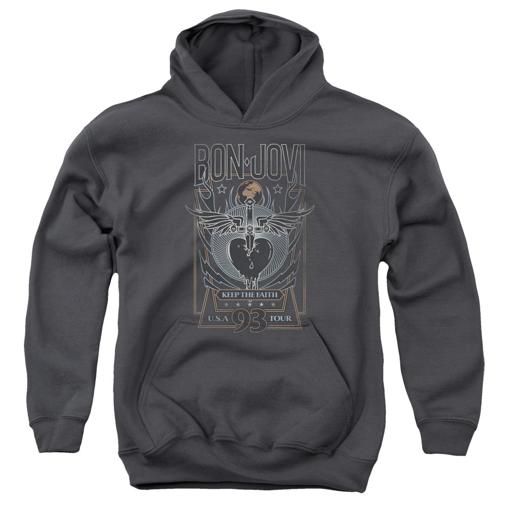 AN OFFCIALLY LICENSED BON JOVI KEEP THE FAITH YOUTH HOODIE CHARCOAL
