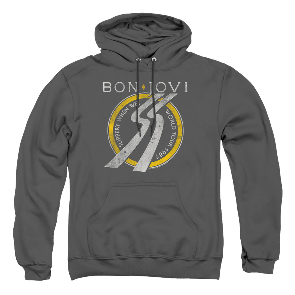 AN OFFCIALLY LICENSED BON JOVI SLIPPERY WHEN WET WORLD TOUR ADULT UNISEX PULLOVER HOODIE CHARCOAL