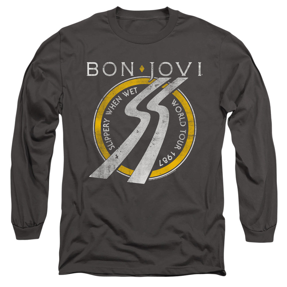 AN OFFCIALLY LICENSED BON JOVI SLIPPERY WHEN WET WORLD TOUR MEN'S LONG SLEEVE T-SHIRT CHARCOAL