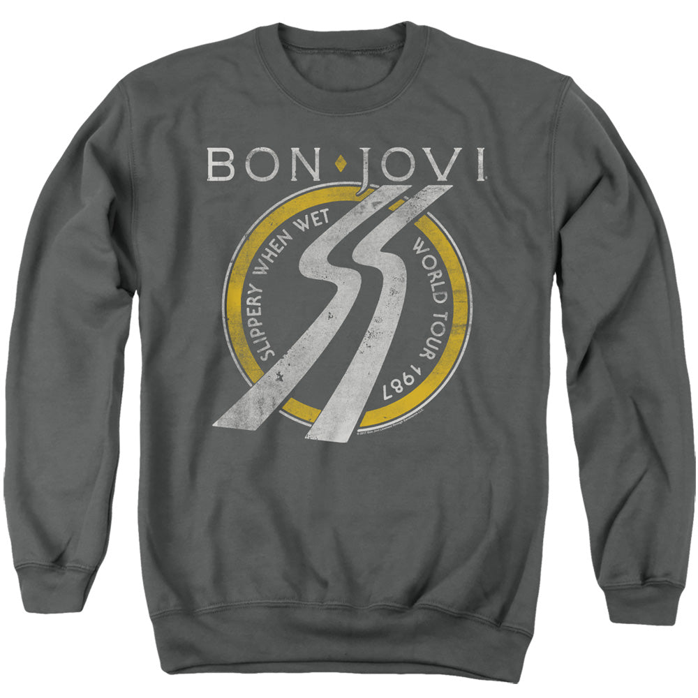 AN OFFCIALLY LICENSED BON JOVI SLIPPERY WHEN WET WORLD TOUR ADULT UNISEX CREWNECK SWEATSHIRT CHARCOAL