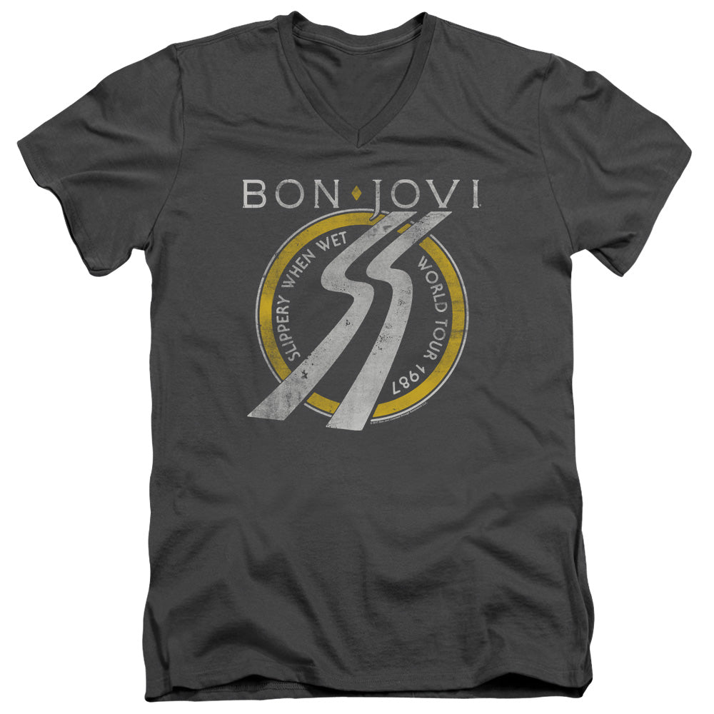 AN OFFCIALLY LICENSED BON JOVI SLIPPERY WHEN WET WORLD TOUR MEN'S V-NECK T-SHIRT CHARCOAL
