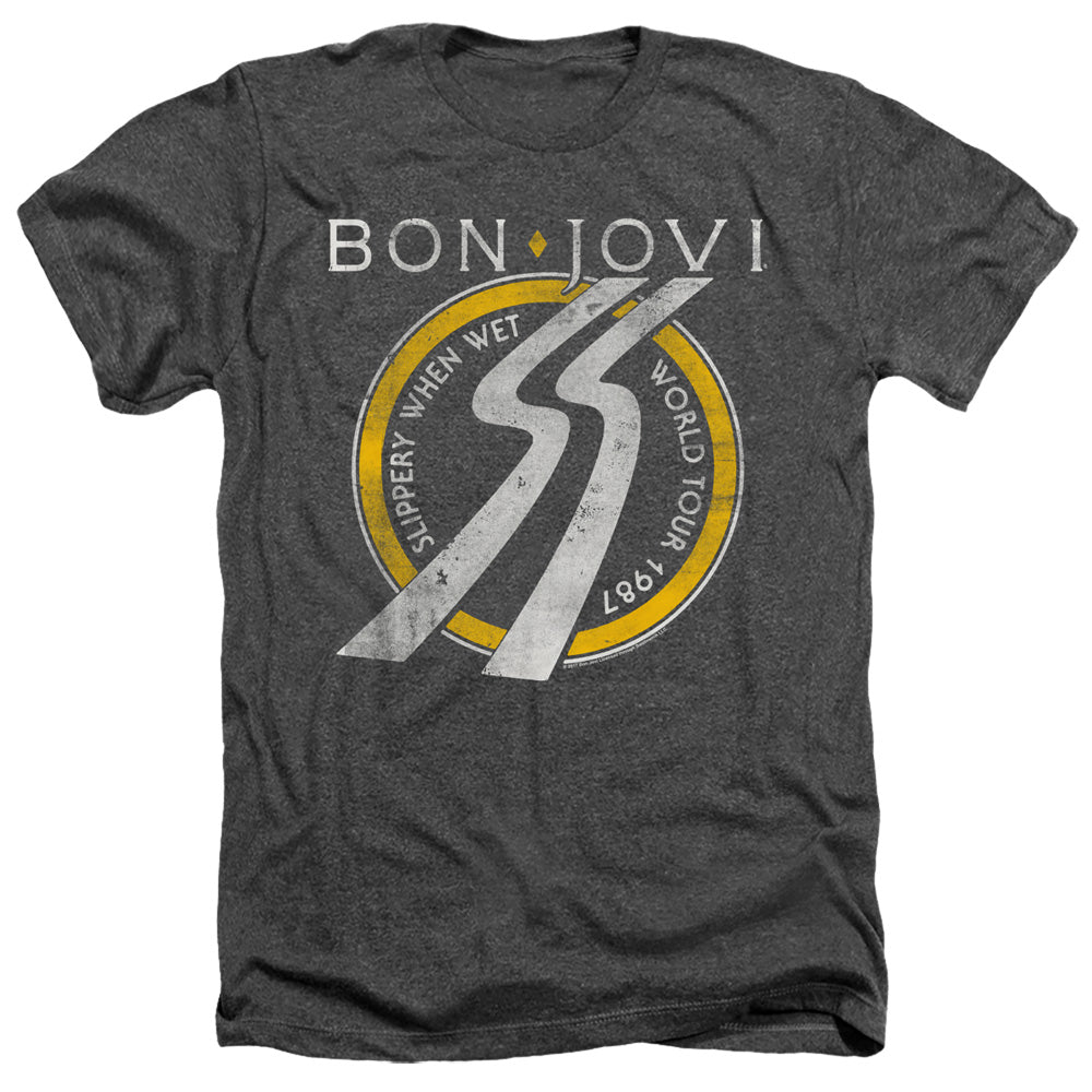 AN OFFCIALLY LICENSED BON JOVI SLIPPERY WHEN WET WORLD TOUR MEN'S HEATHER T-SHIRT CHARCOAL