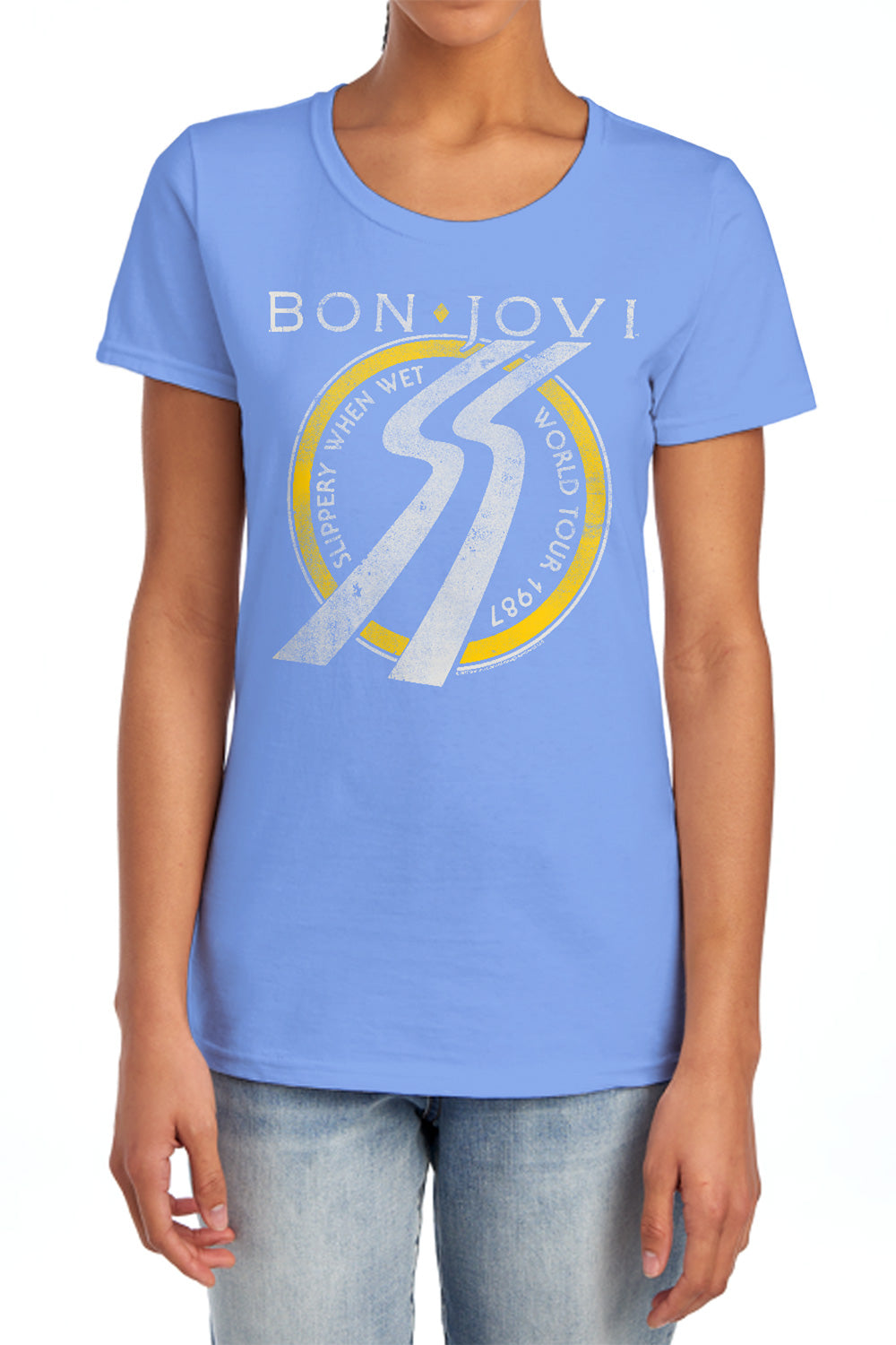 AN OFFCIALLY LICENSED BON JOVI SLIPPERY WHEN WET WORLD TOUR WOMEN'S REGULAR FIT T-SHIRT CHARCOAL