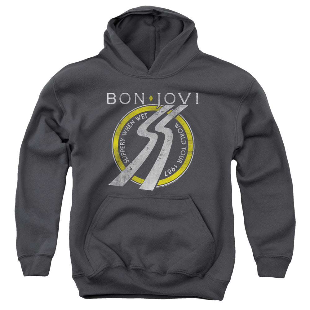 AN OFFCIALLY LICENSED BON JOVI SLIPPERY WHEN WET WORLD TOUR YOUTH HOODIE CHARCOAL