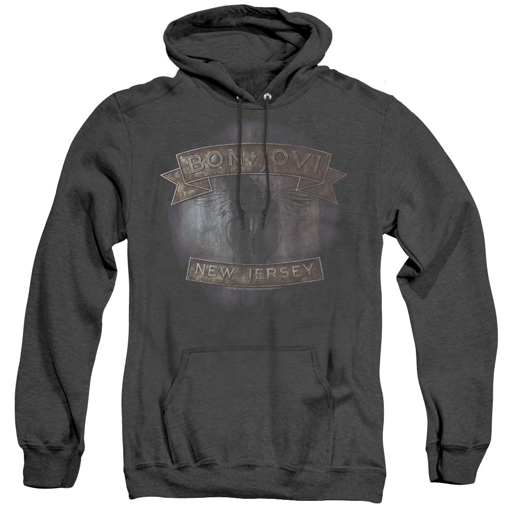AN OFFCIALLY LICENSED BON JOVI NEW JERSEY ADULT UNISEX HEATHER PULLOVER HOODIE BLACK