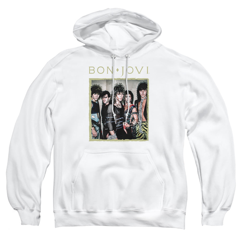 AN OFFCIALLY LICENSED BON JOVI FRAMED ADULT UNISEX PULLOVER HOODIE WHITE