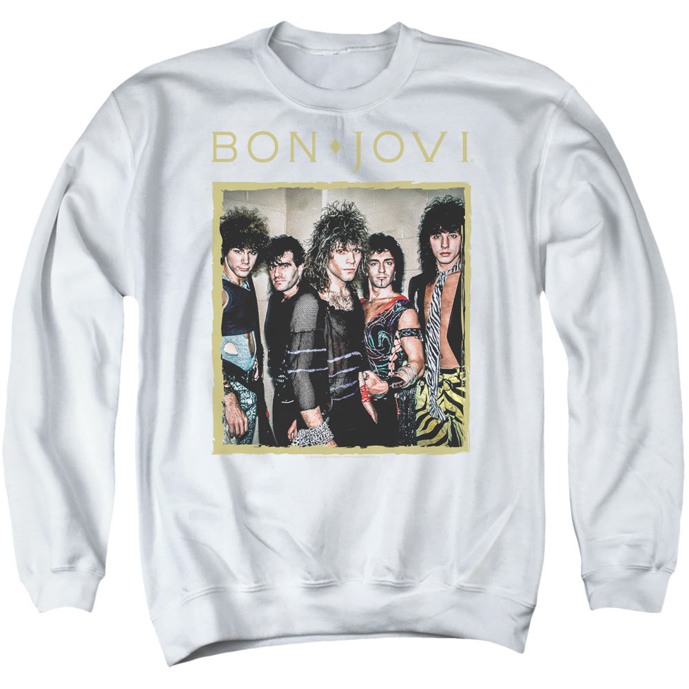 AN OFFCIALLY LICENSED BON JOVI FRAMED ADULT UNISEX CREWNECK SWEATSHIRT WHITE