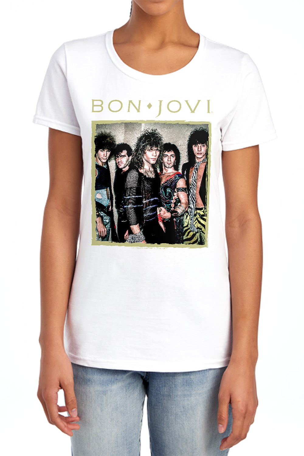 AN OFFCIALLY LICENSED BON JOVI FRAMED WOMEN'S REGULAR FIT T-SHIRT WHITE