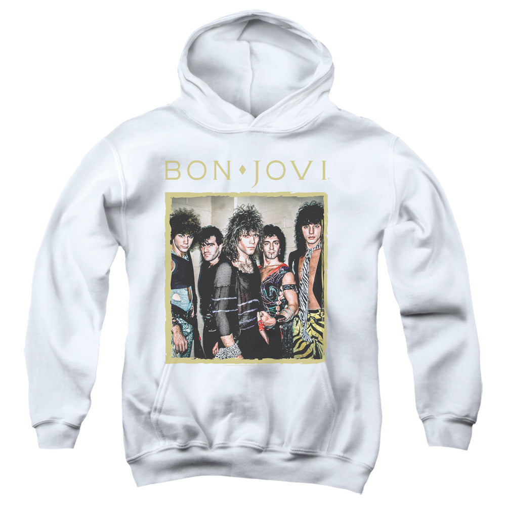 AN OFFCIALLY LICENSED BON JOVI FRAMED YOUTH HOODIE WHITE