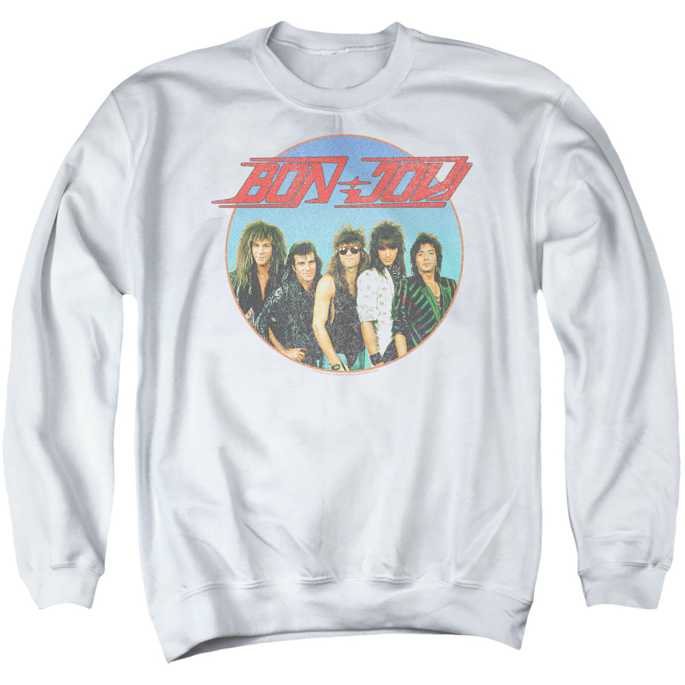 AN OFFCIALLY LICENSED BON JOVI BON SPHERE ADULT UNISEX CREWNECK SWEATSHIRT WHITE