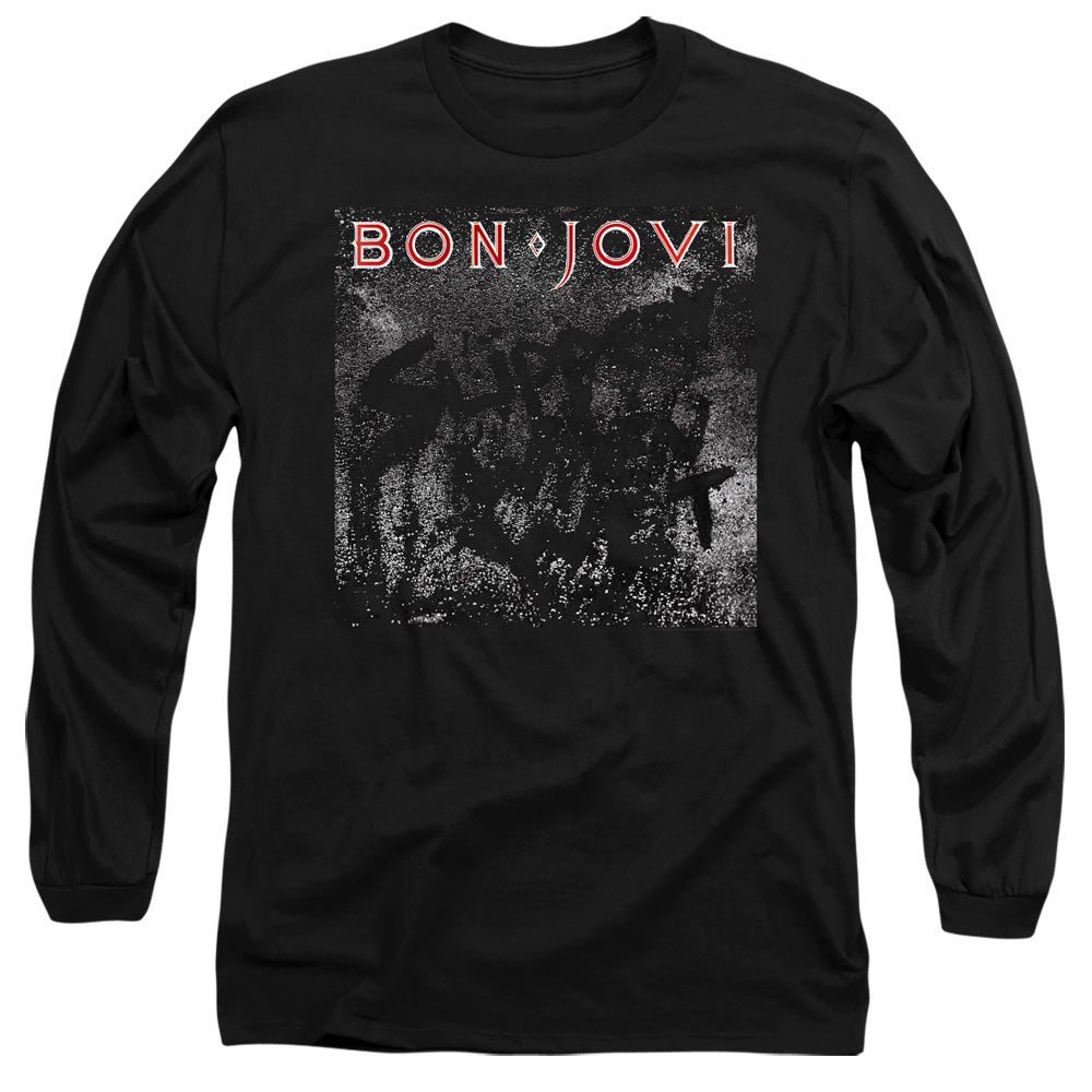 AN OFFCIALLY LICENSED BON JOVI SLIPPERY COVER MEN'S LONG SLEEVE T-SHIRT BLACK